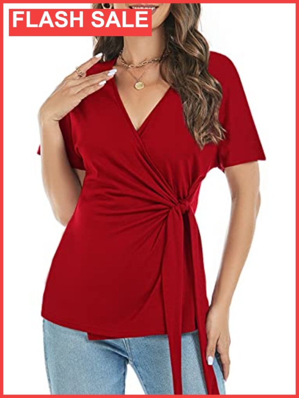 Womens V Neck Short Sleeve Wrap Tie Front Blouse Ruched High Low Top